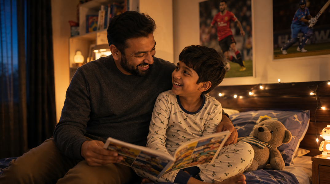 A father and son sharing a Divinity Creative comic together