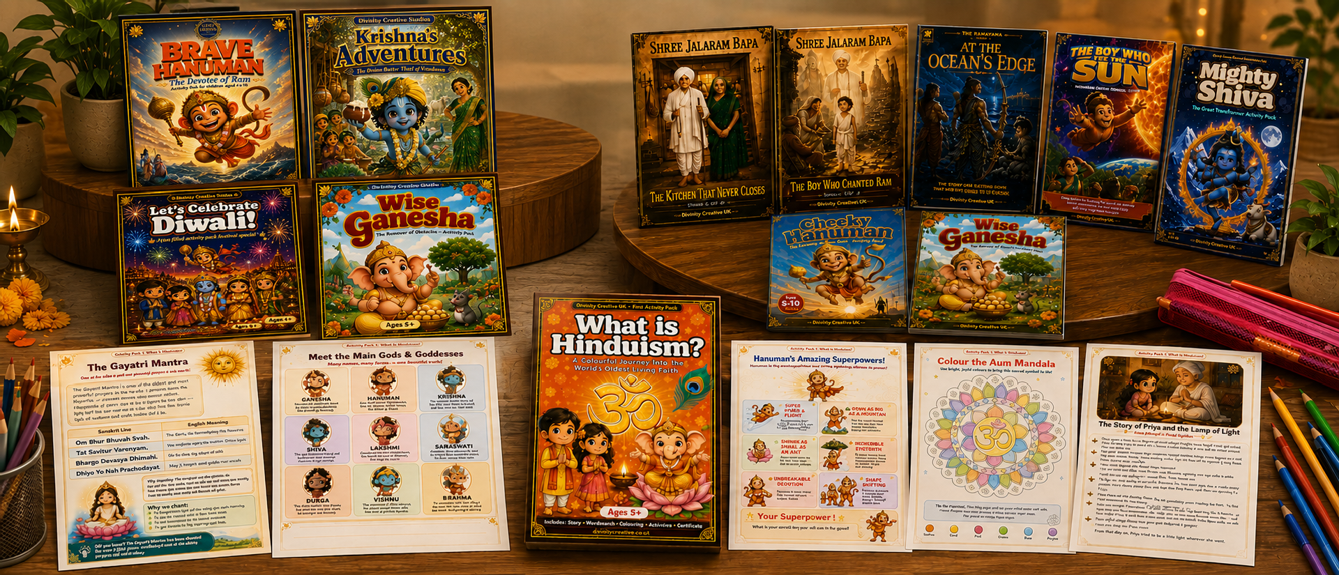 Divinity Creative books and activity pages arranged together