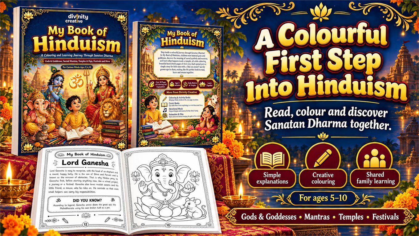 My Book of Hinduism with an open Ganesha learning and colouring spread